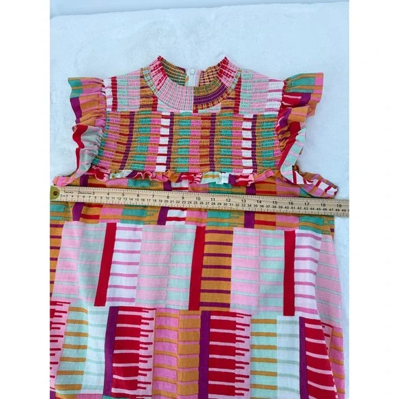 THML Smocked Ruffle Top Womens Medium Multicolor Geometric Patchwork Sleeveless - Picture 7 of 9